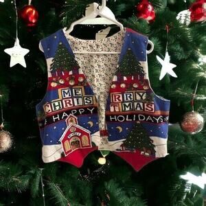 Vintage Women's Large Christmas Handmade Vest Teacher Schoolhouse‎ Holiday Party